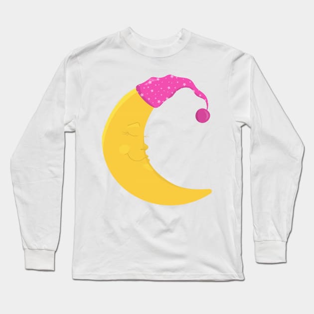 Sleeping Moon, Cute Moon, Yellow Moon, Nightcap Long Sleeve T-Shirt by Jelena Dunčević